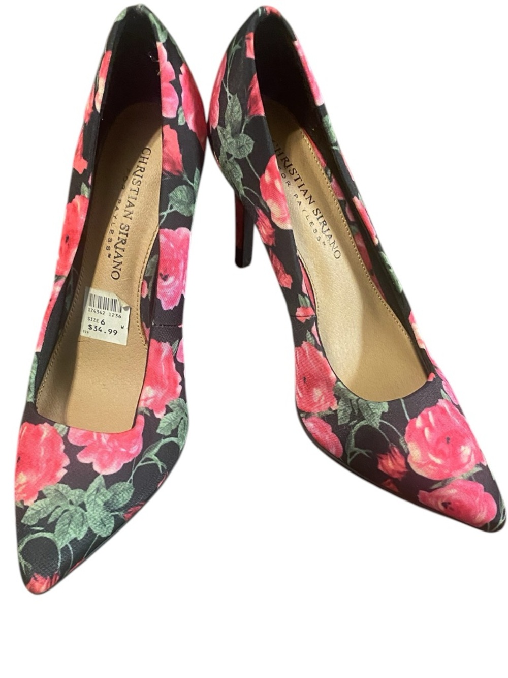 Christian Siriano Floral Pointed-Toe Pumps in Black with Pink Rose Print